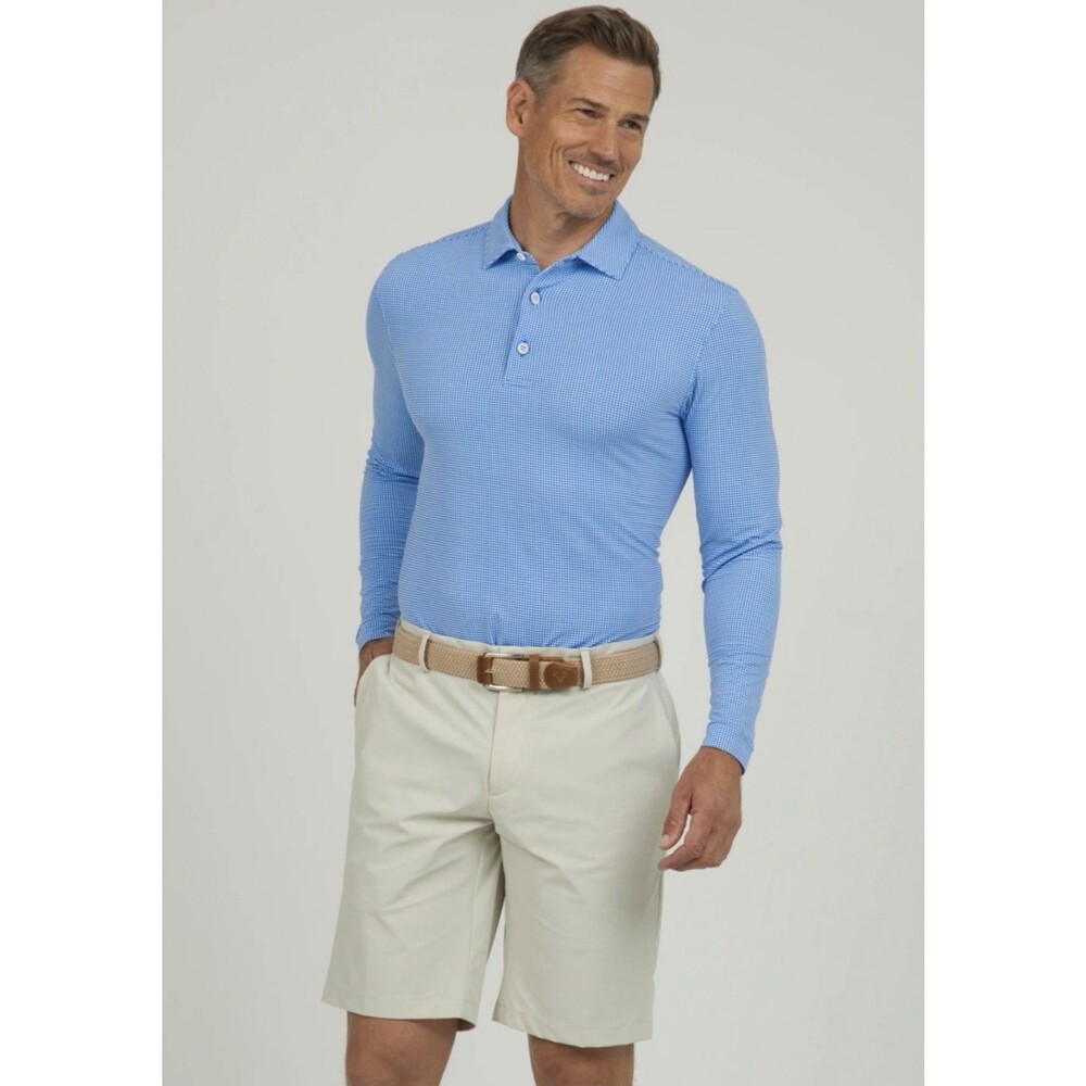 NWT IBKUL Men’s Mini Check Long Sleeve Polo Shirt Blue Sz XXL UPF 50+ icefil